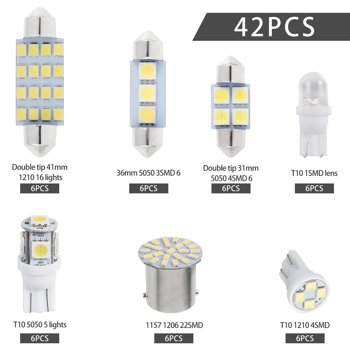 42Pcs LED Car Interior Lights T10 6000K