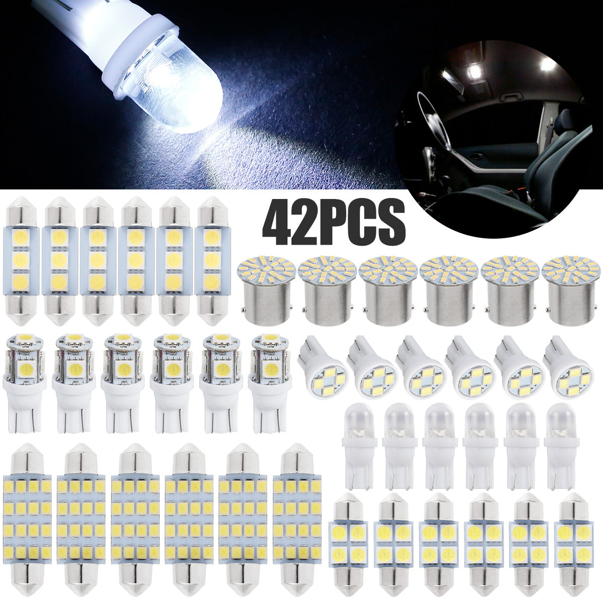 42Pcs LED Car Interior Lights T10 6000K