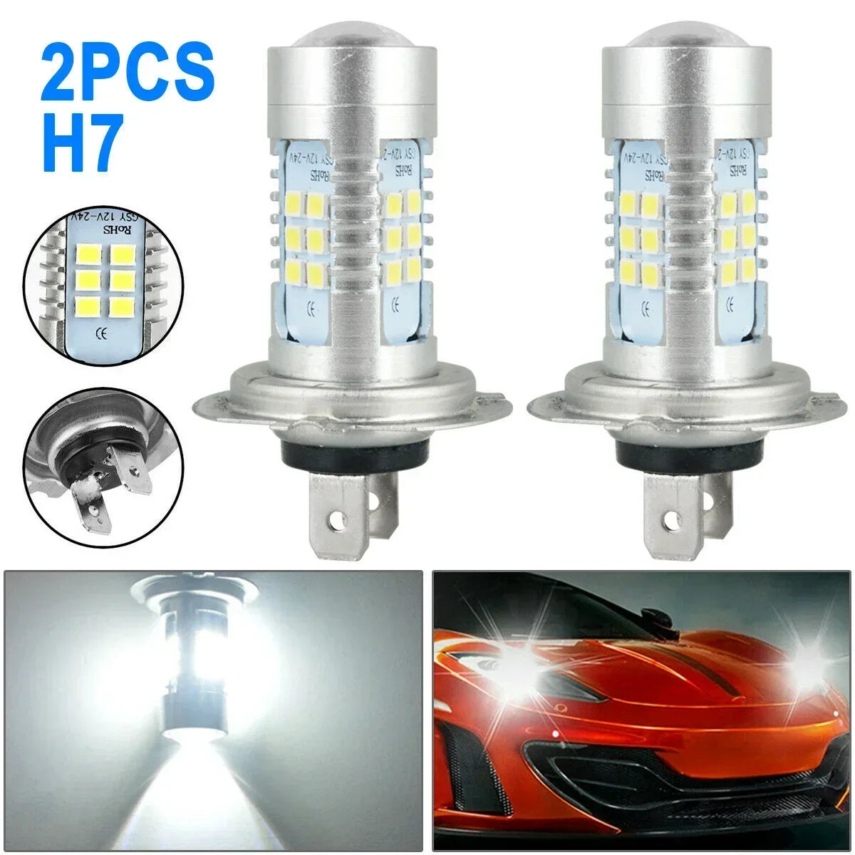 H7 LED Headlight Bulb Kit High/Low Super Bright 6000K White Bulbs