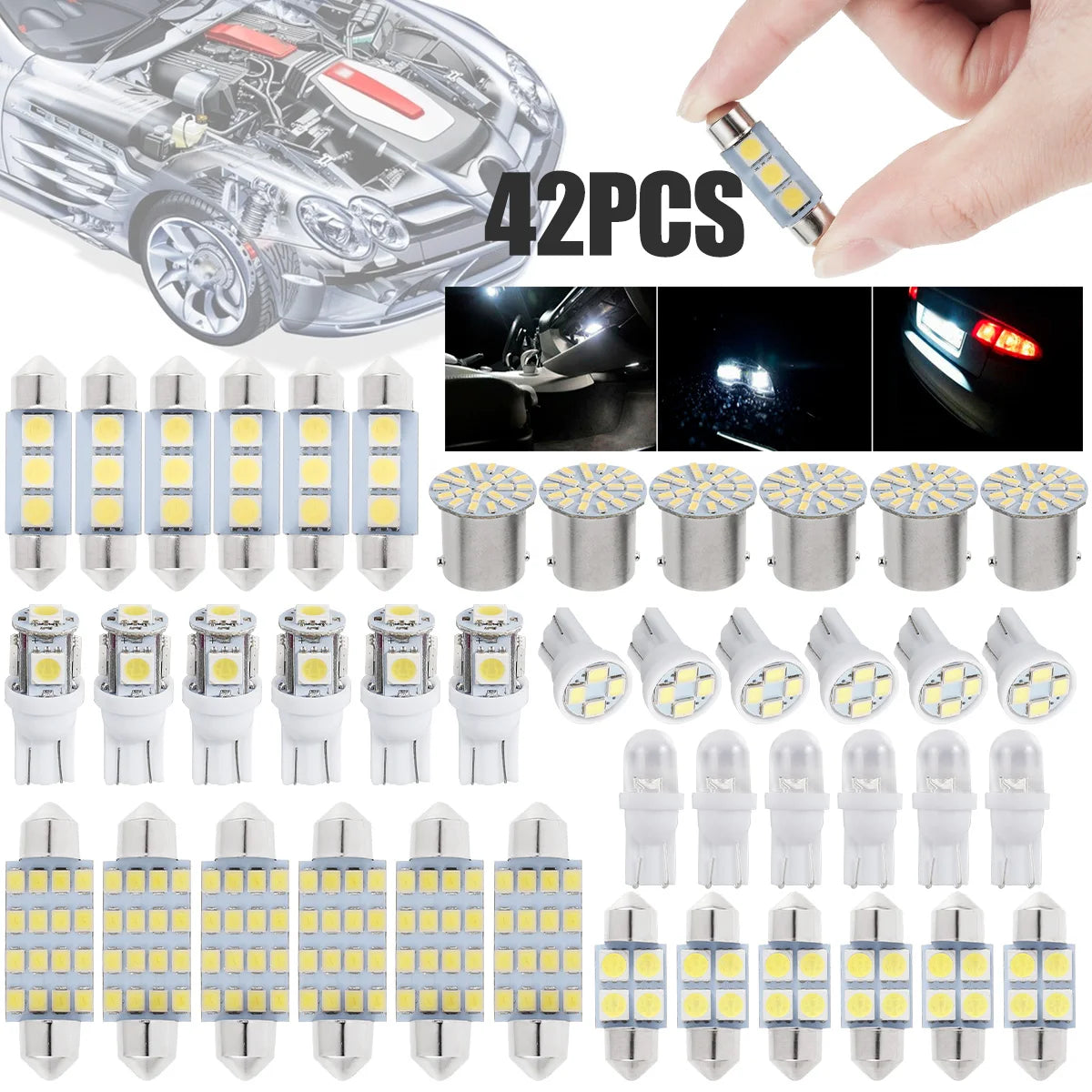 42Pcs LED Car Interior Lights T10 6000K